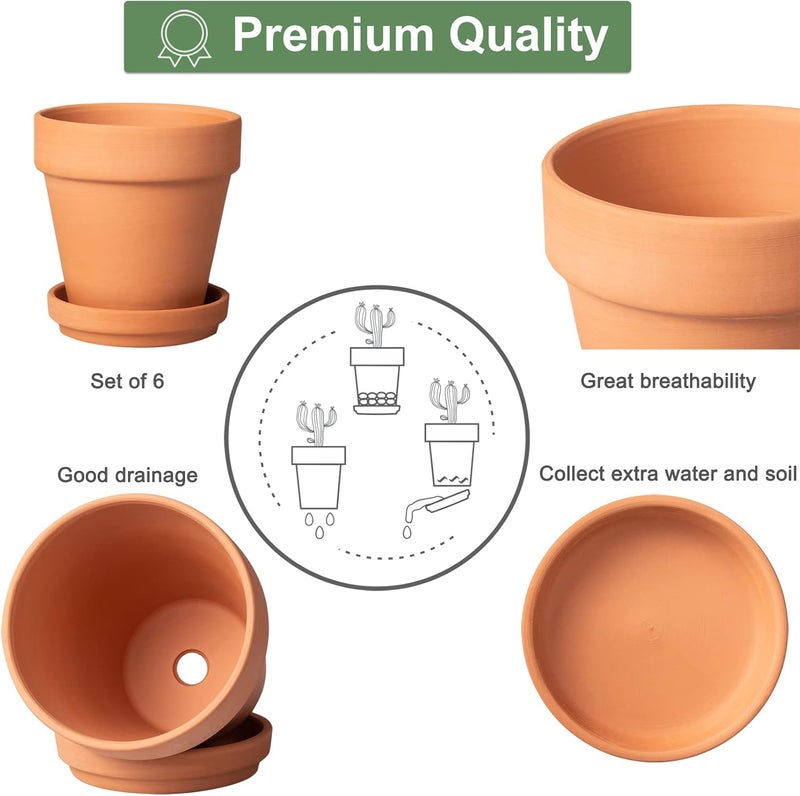 Orceler 4 Inch Terracotta Pots with Saucer - 6 Pack Small Clay Plant Pots with Drainage Holes, Flower Pots with Tray, Terra Cotta Pots for Indoor Outdoor Plants, Crafts, Wedding Favor - Image 3